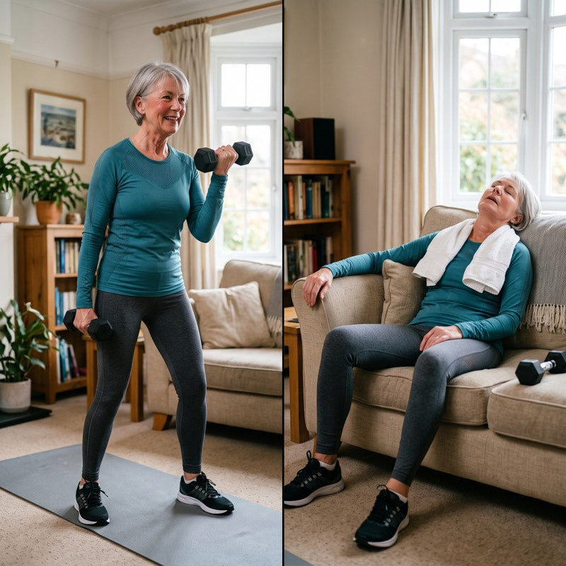 Woman doing a gentle stretch in a bright living room