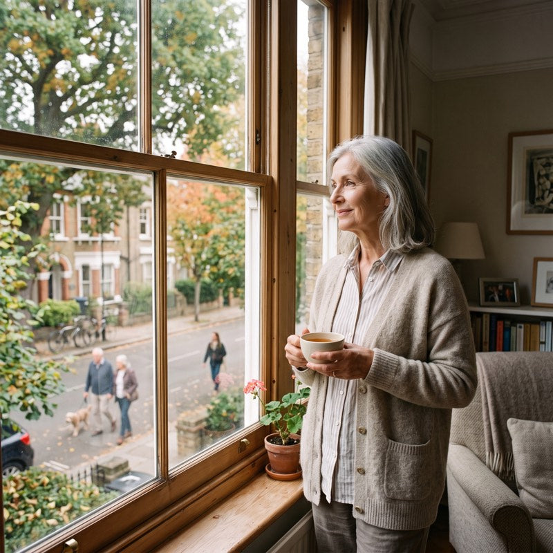 Man watching the street from his living room window
