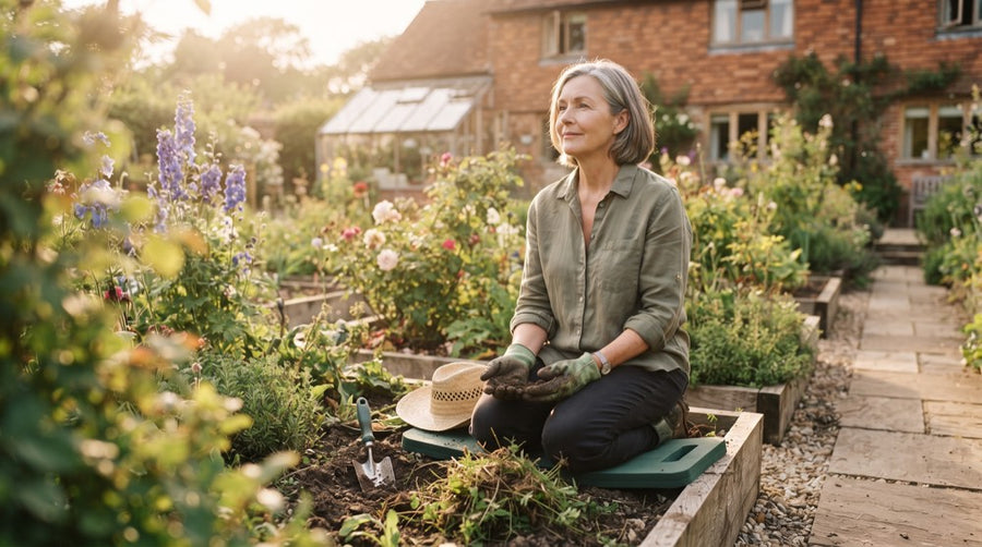 Woman pausing while gardening in the late afternoon