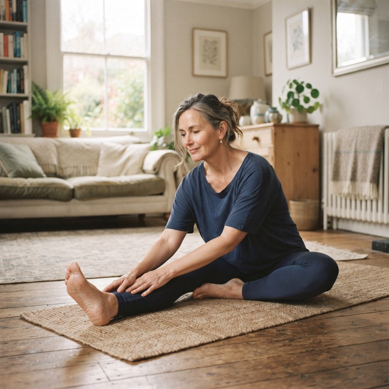 Woman doing a gentle seated stretch on a yoga mat